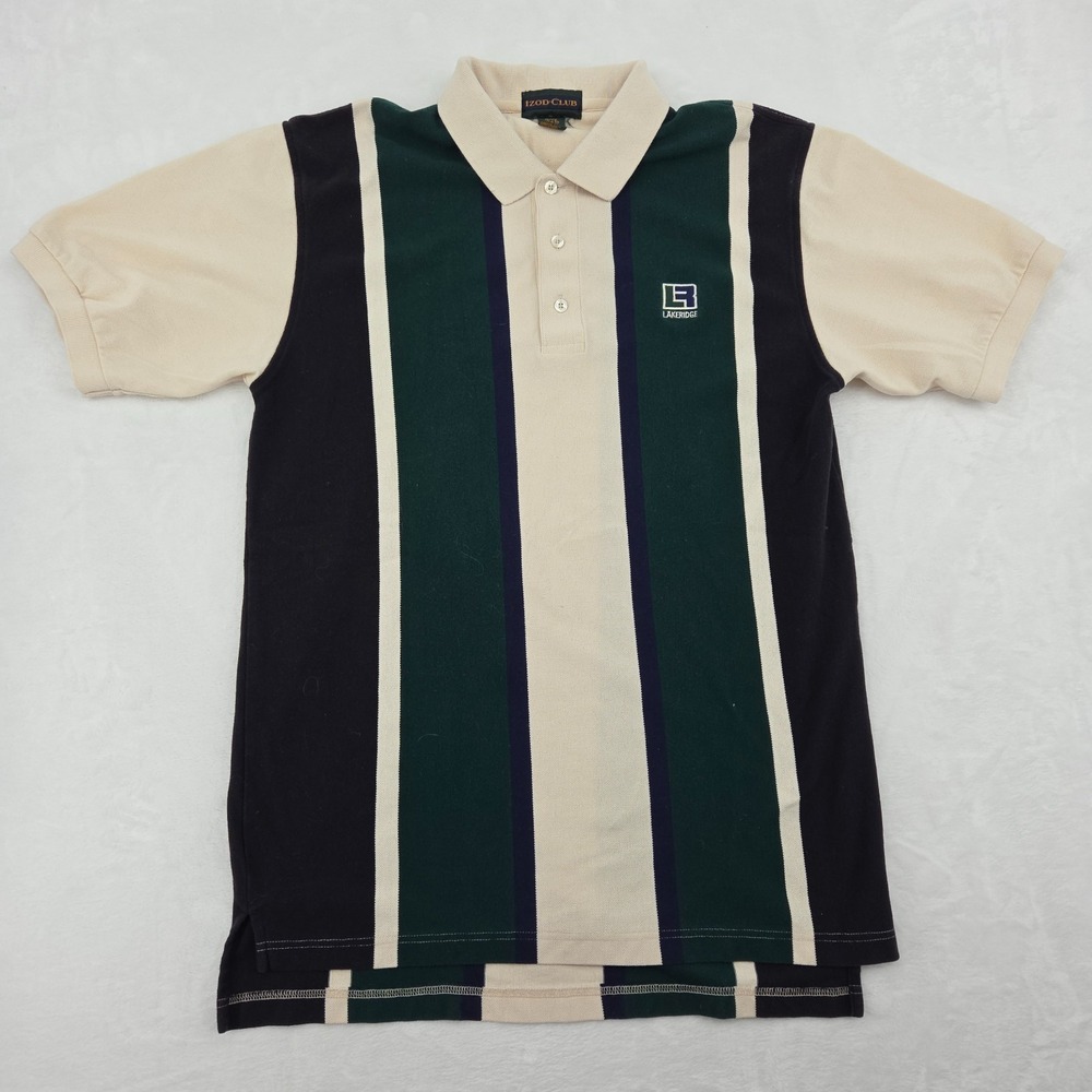 VTG Izod Club Men's Multicolor Striped Polo Shirt Size Lg Lakeridge Logo EUC